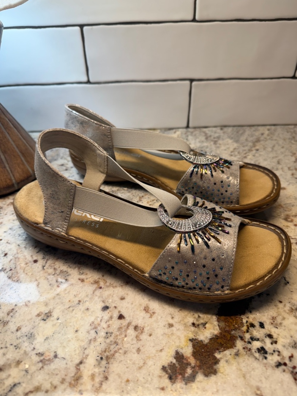 Rieker Metallic Silver Embellished Slingback Sandals